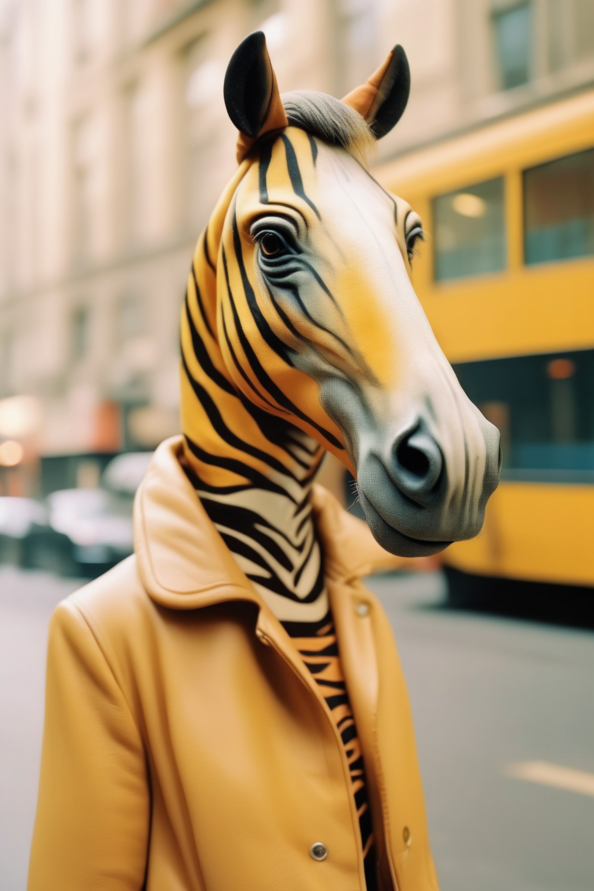 <lora:Dressed animals:1>Dressed animals - Street style photo of animal like half horse half tiger on Kodak Gold 200